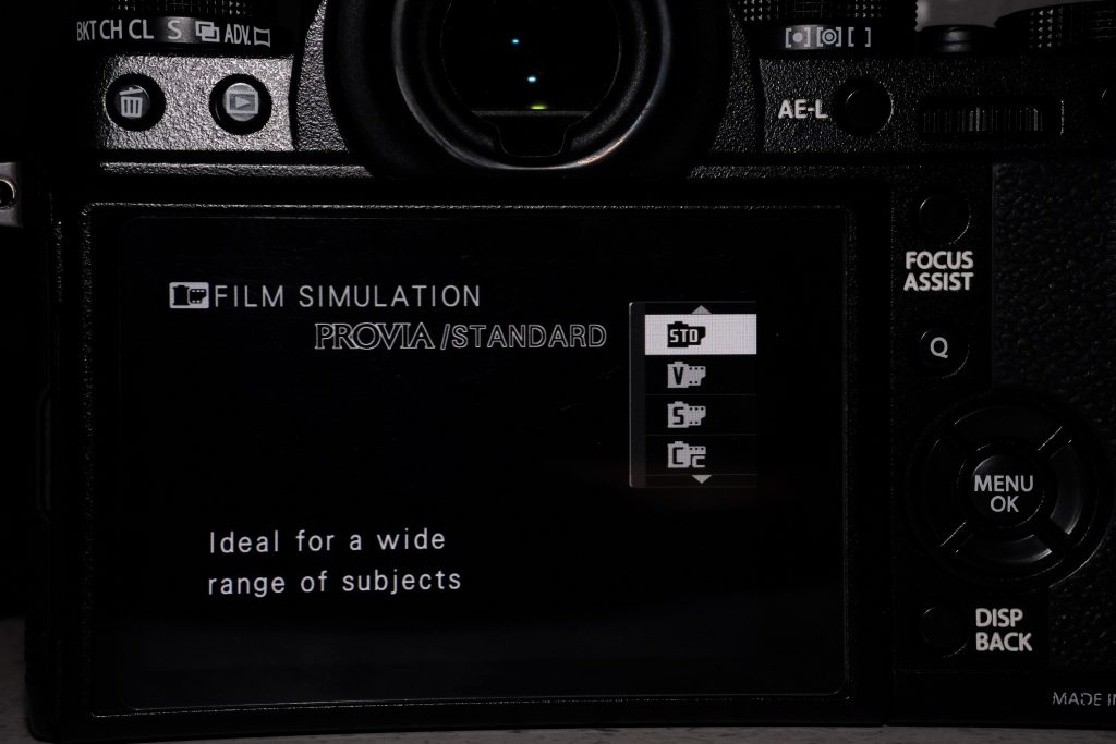 Selecting film simulations on the Fujifilm X-T1