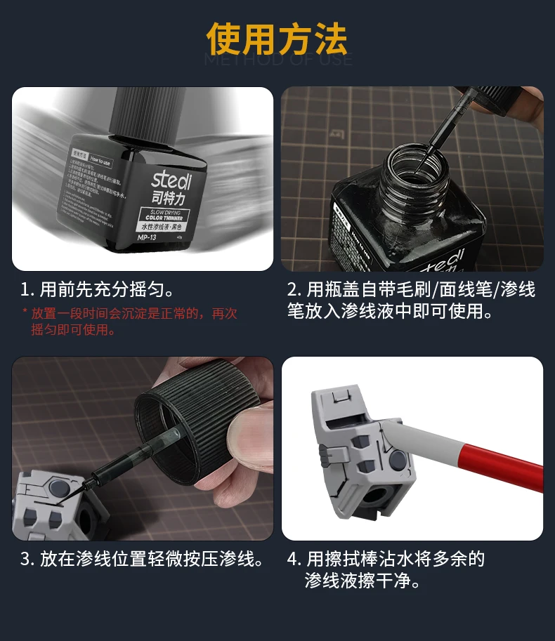 1. Shake the bottle.
2. Dip the built-in applicator brush into the liquid to use.
3. Lightly apply the panel liner into panel line.
4. Use a cleaning stick to wipe away the excess.